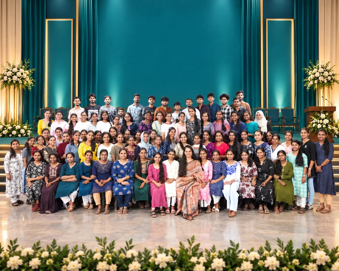 A Plus Point batch photographed together on stage, seated and standing in rows against a teal backdrop