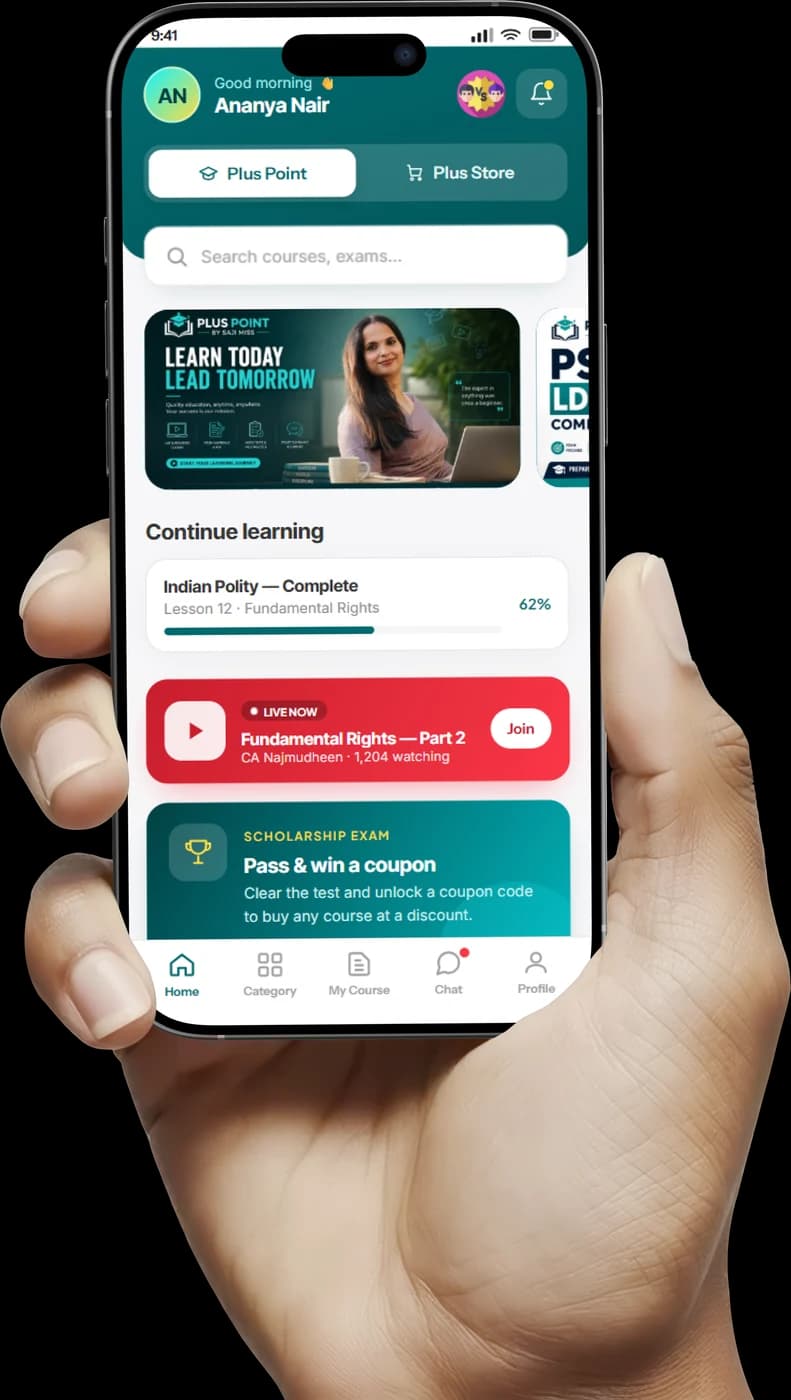 The Devika Plus app home screen — greeting, course search, continue-learning progress and a live class card