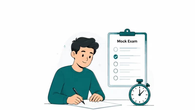 A student writing a timed mock exam beside a stopwatch