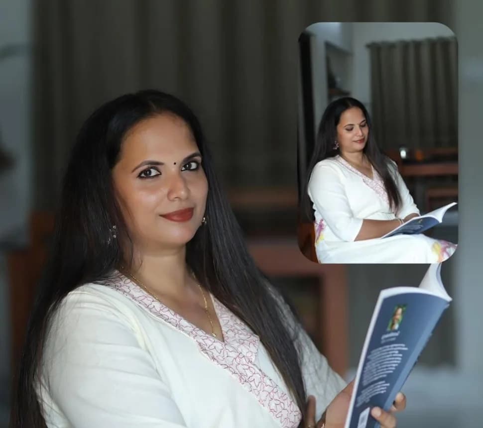 Saji Miss holding a Devika Plus study guide, with a second photograph of her reading inset alongside